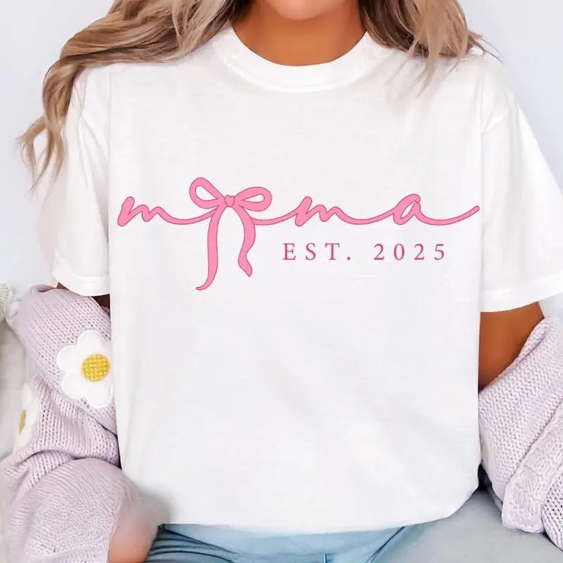 Pink Mama Est 2025 Coquette T-shirt, Mama Shirt, Mama Bow Tshirt, Mama shirt, Pink Mama, Mama 2025