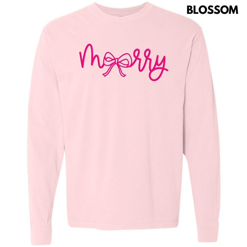 Pink Merry Bow PUFF Long Sleeve Comfort Colors T-Shirt Hoodie, Sweatshirt | InkThreadWorks.com