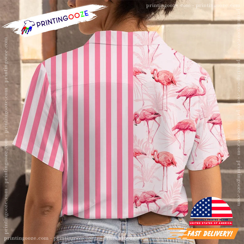 Pink Stripe Pattern Flamingo Hawaiian Shirt