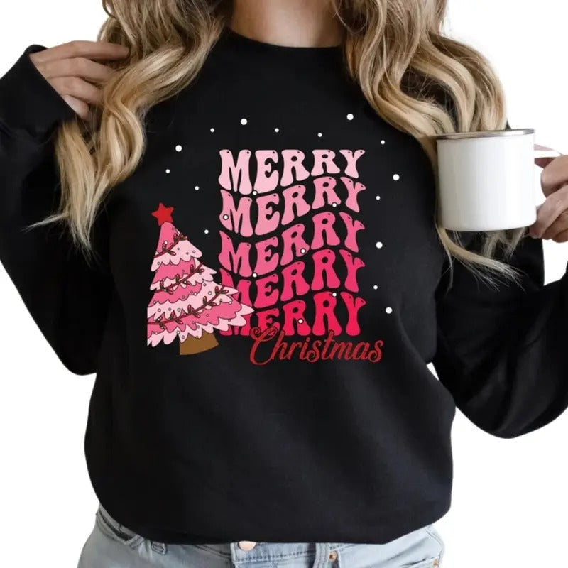 Pink Tree Merry Christmas Sweatshirt, Christmas Tree shirt, Holiday T-shirt for Women, Winter Sweatshirt, Christmas...