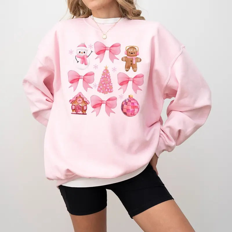 Pink coquette Christmas Sweatshirt, Coquette Sweatshirt, Trendy Christmas Shirt, Christmas bow Shirt, Christmas T-Shirt,...