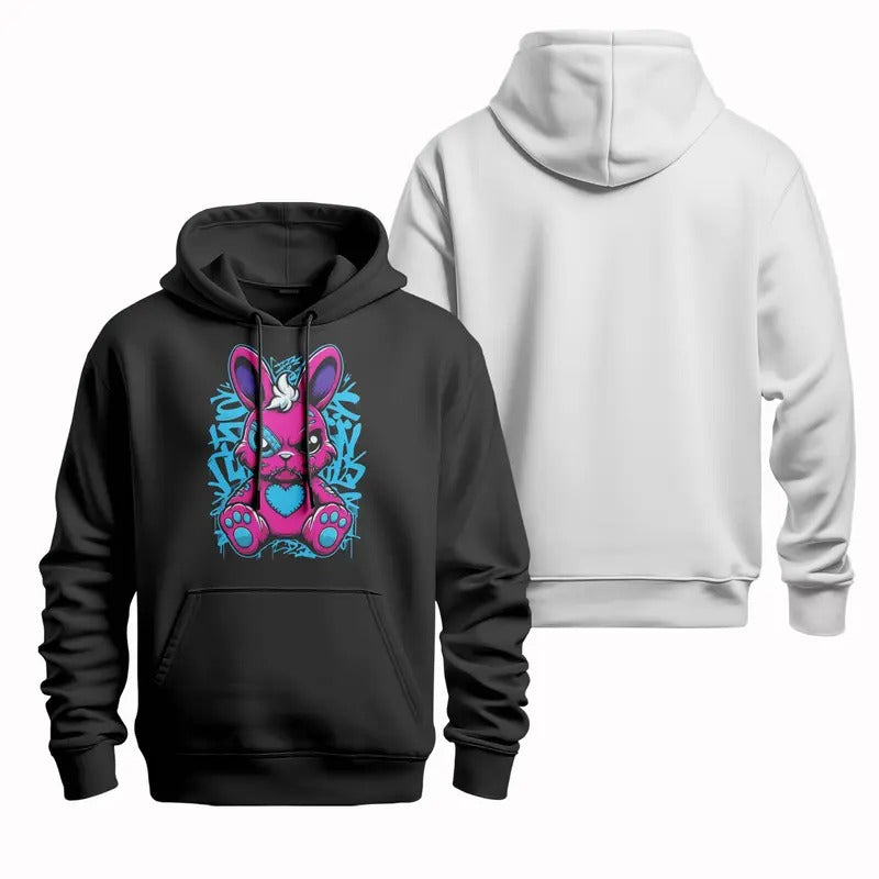 Pink rabbit cool T-shirt, crewneck sweatshirt, hooded sweatshirt, blue heart eye-catching, Graffiti embellishment, street...