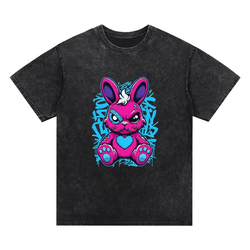 Pink rabbit cool washed T-shirt, blue heart eye-catching, Graffiti embellishment, street style, Comfortable fabrics, a...