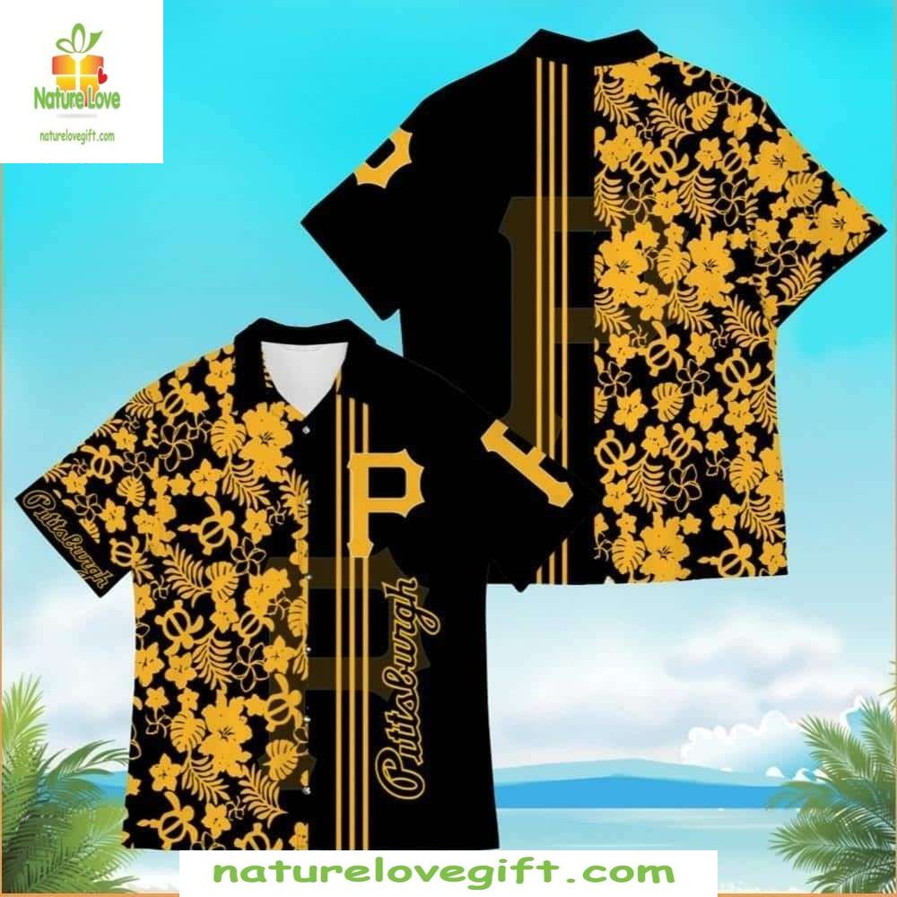 Pittsburgh Pirates Hawaiian Shirt Golden Turtle Flowers Baseball Apparel