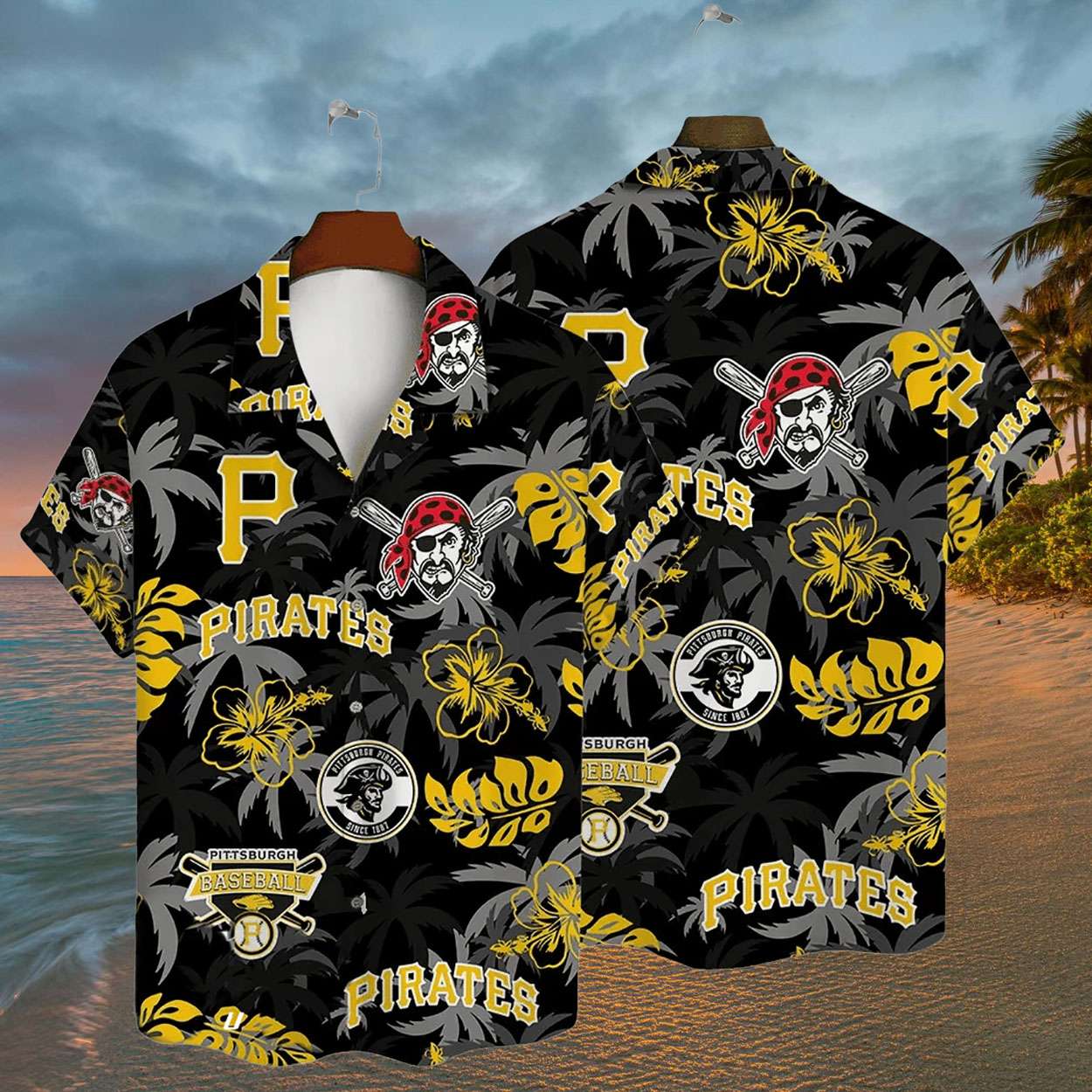 Pittsburgh Pirates Tropical Palm Hibiscus MLB Black Hawaiian Shirt