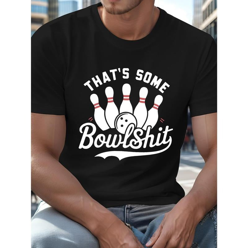 Plus Size Casual Cotton T-Shirt for Men with Funny Bowling Graphic, Crew Neck, Slight Stretch, Regular Fit, Knit Fabric - Summer Crewneck Tee for Adults with Geometric Pattern Made in USA