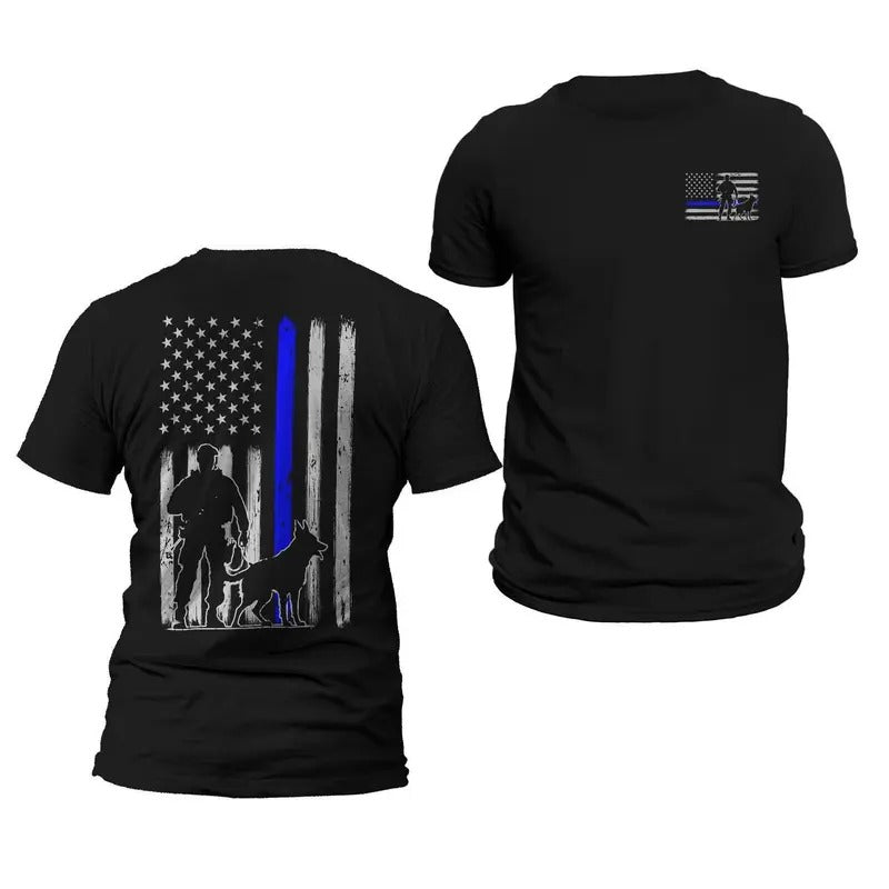 Police K-9 Unit Thin Blue Line Flag Front & Back Print Vertical Brushed Design T-Shirt Casual Classic Crewneck Menswear...