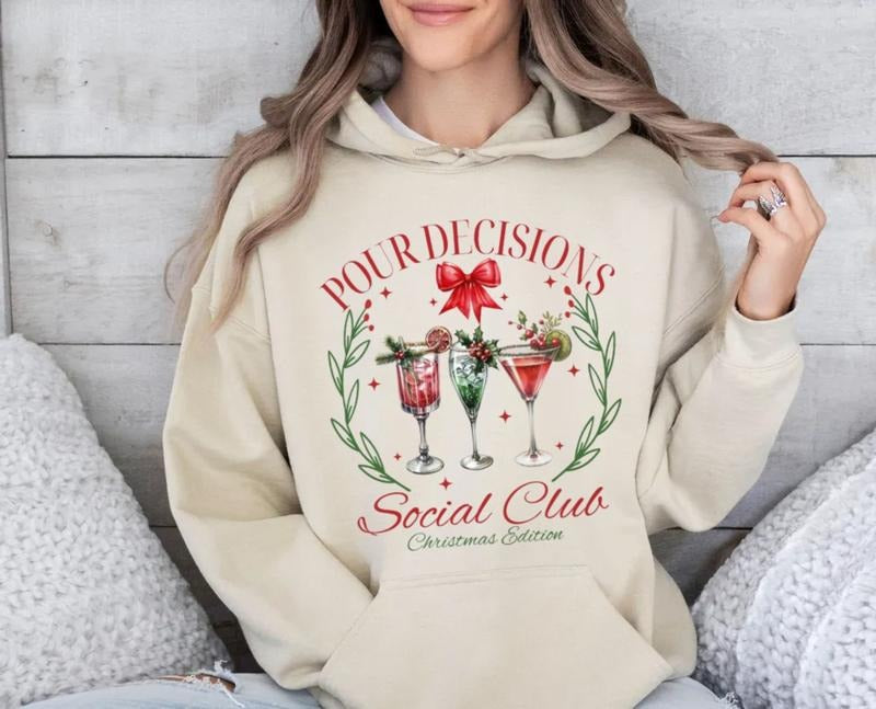 Pour Decisions Social Club Christmas Shirt, Funny Alcohol Holiday Shirt, Christmas Season Cocktail Tee, Christmas Party...