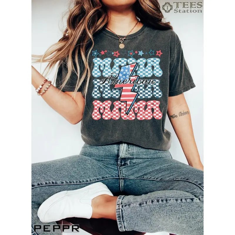 Premium USA Flag American Mama 4th of July Shirt, Patriotic Mom Shirt, Mama Fourth of July Shirt, Shirts For Mom, 4th of July Mama