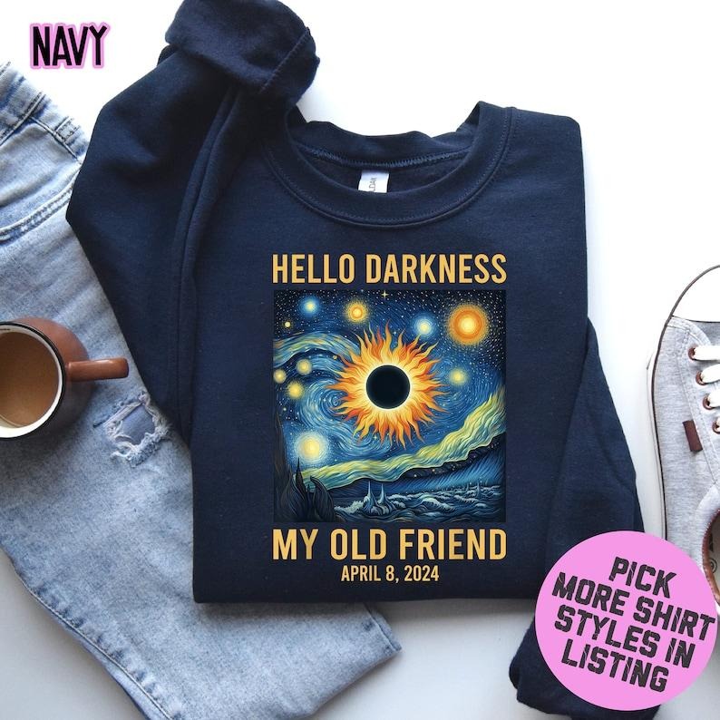 Premium Van Gogh Total Solar Eclipse 2024 T-shirt, Hello Darkness My Old Friend Sweatshirt, Stargazer Hoodie, Astronomy...
