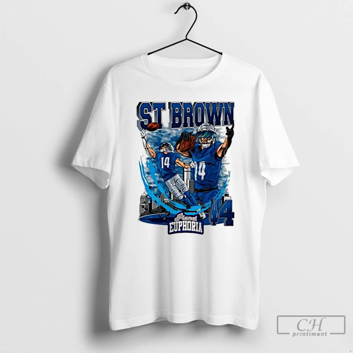 Premium Detroit Lions Amon Ra St Brown 14 Skyline Graphic T-Shirts, Hoodie, Sweatshirt | InkThreadWorks.com