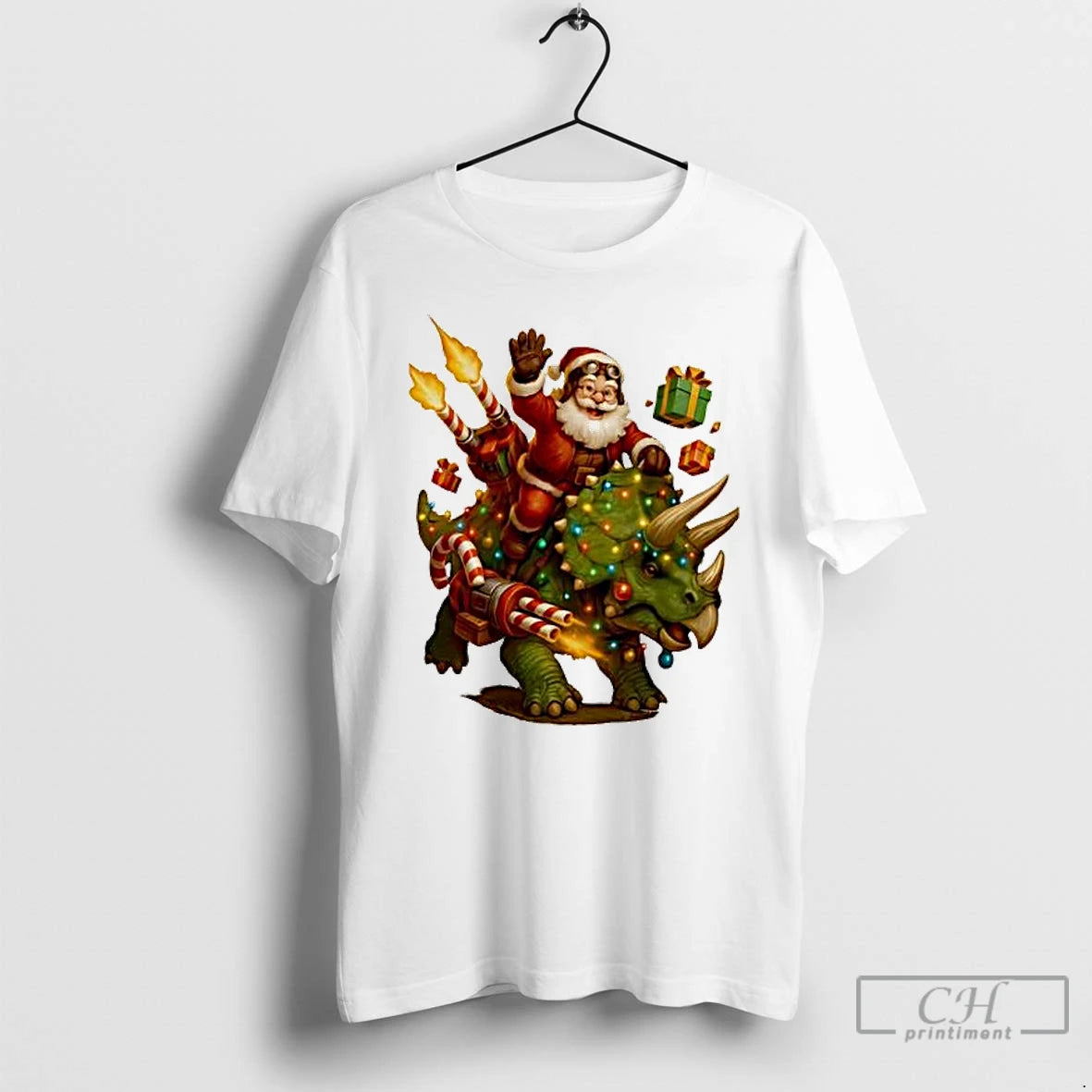 Premium Rocket Triceratops Dinosaur Christmas Santa T-Shirts, Hoodie, Sweatshirt | InkThreadWorks.com
