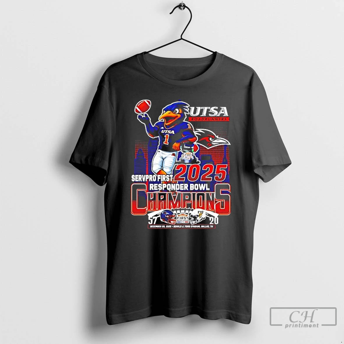 Premium Utsa Roadrunners 2025 Responder Bowl Champions Mascot Skyline T-Shirts, Hoodie, Sweatshirt | InkThreadWorks.com