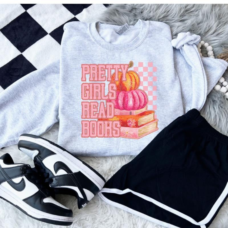 Pretty Girls Read Books Pumpkins Sweatshirt Ash Grey - Sublimation - Booktok Pullover Jersey Basic Women's Comfy Long Sleeve Casual Unisex Classic Clothing