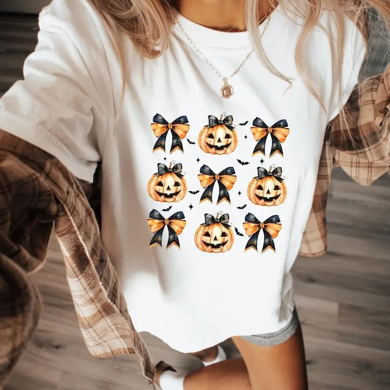 Pumpkin Halloween Shirt Halloween Coquette Bows Spooky Season Shirt Retro Vibes Shirt Cute Pumpkin Graphic Cotton Crewneck Shortsleeve