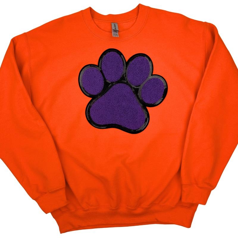 Purple Paw Chenille Patch Sweatshirt -- ORANGE T-Shirts, Hoodie | InkThreadWorks.com