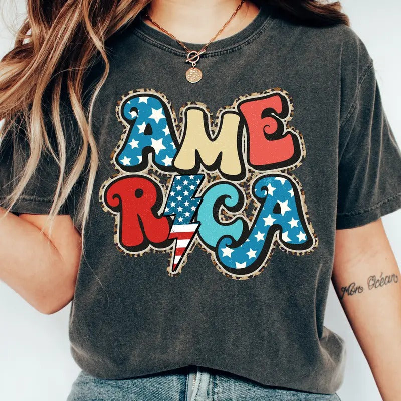RETRO AMERICA SHIRT, AMERICA CHEETAH PRINT SHIRT, 4TH OF JULY SHIRT, JULY 4TH SHIRT UNISEX COTTON SHIRT, OVERSIZED...