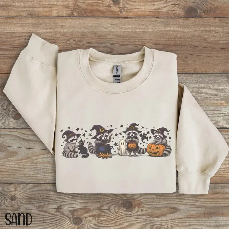 Raccoon Sweatshirt for Halloween, Retro Raccoon Crewneck, Cute Spooky Season Pullover, Tropical Style, Casual Long...