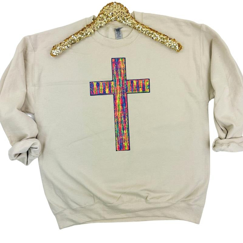 Rainbow Chenille Cross Patch Sweatshirt -- SAND T-Shirts, Hoodie | InkThreadWorks.com