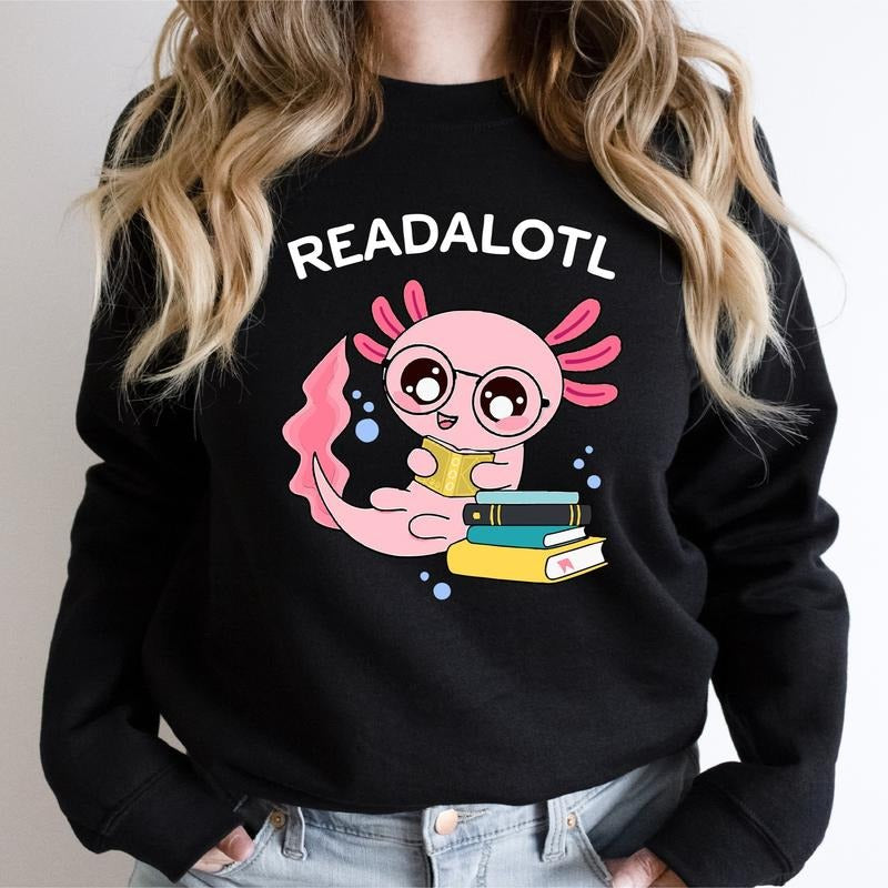 Readalotl Sweatshirt, Read Axolotl Hoodie, Axolotl Lover Gift Sweater, Cute Reading Lover Hoodie, Salamander Hoodie,...