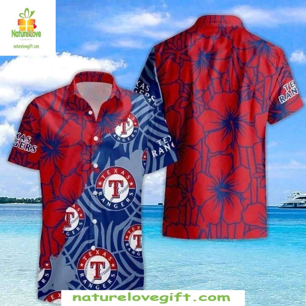 Texas Rangers Hawaiian Shirt Red Blue Emblem Tropical Baseball Apparel