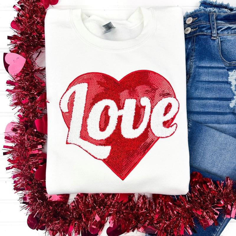 Red Sequin Heart Patch Sweatshirt T-Shirts, Hoodie | InkThreadWorks.com