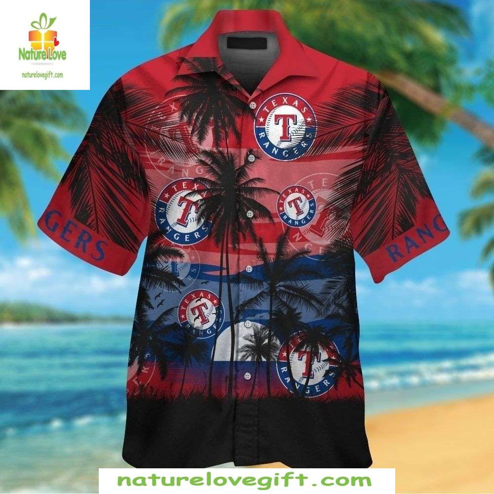 Texas Rangers Hawaiian Shirt Red Sunset Palm Trees Aloha Baseball Apparel