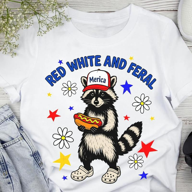 Red White And Feral 4th Of July Unisex Tee, Funny Raccoon Hot Dog Shirt, Feral USA Independence Day Gift, Unisex Style For Men and Women