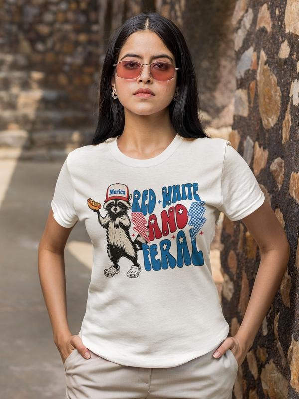 Red White And Feral T-Shirt, Funny USA, Funny Raccoon Shirt , 4th Of July, Hotdog Raccoon Shirt