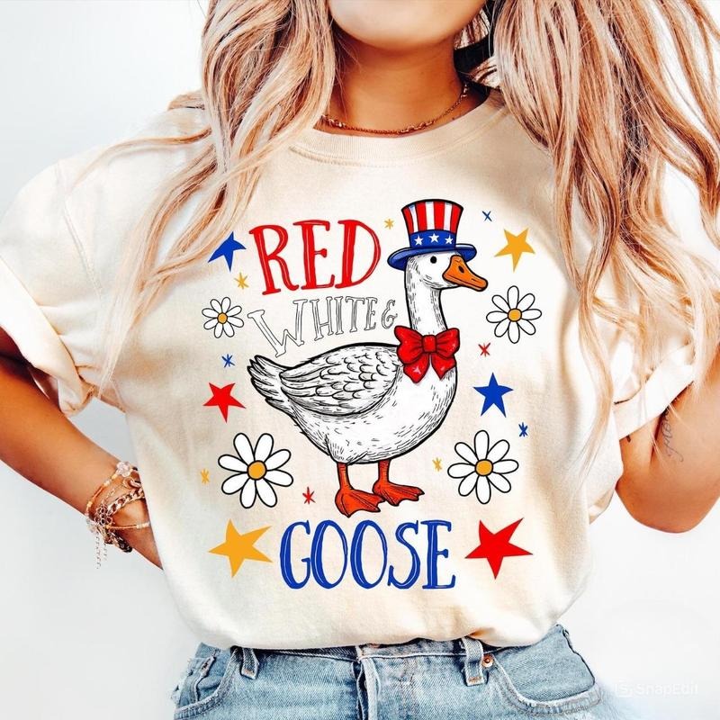 Red White And Goose Funny 4th of July Shirt, Boho Patriotic Floral Fourth of July Tee, Retro Cute American Goose Girly Gift