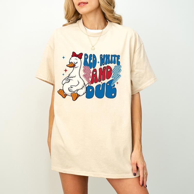Red White and Due T-Shirt, Funny Pregnant Goose 4th of July T-Shirt, Patriotic Mama Goose T-Shirt, New Mom T-Shirt, Retro Hotdog USA Shirt Design
