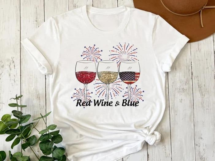 Red Wine and Blue Shirt, 4th of July Gift, Patriotic Shirt for Women and Men, USA Flag Shirt, Independence Day T-shirt,...