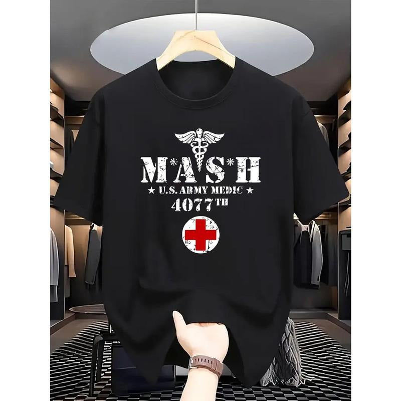 Regular Fit Short Sleeve All-Season Men's Casual MASH U.S. Army Medic 4077th Graphic Print Knit Cotton Crew Neck T-Shirt Made in USA