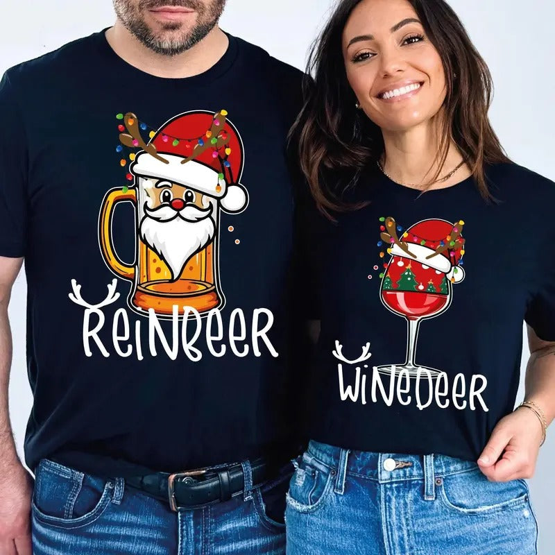 Reinbeer Winedeer Sweatshirts, Funny Couple Christmas Shirt, Couples Matching Shirts, Holiday Party Tee Casual Cotton