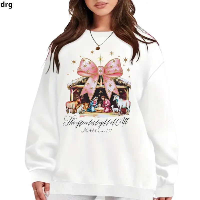 Religious Christmas Nativity Sweatshirt, 'The Greatest Gift of All' Matthew 1:21 Graphic, Hoodie Cozy and Stylish Holiday Apparel for Women