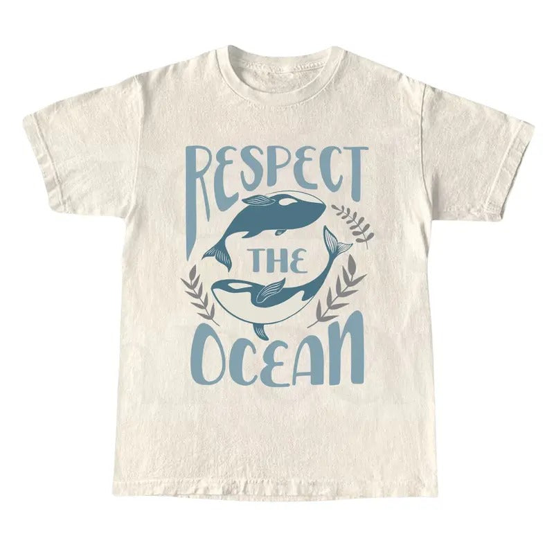 Respect The Ocean Shirt, 90s Tattoo Sea Animal T-Shirt, Retro Ocean Nature Shirt, Sealife, Orca Whales, Graphic Tees Top Womenwear