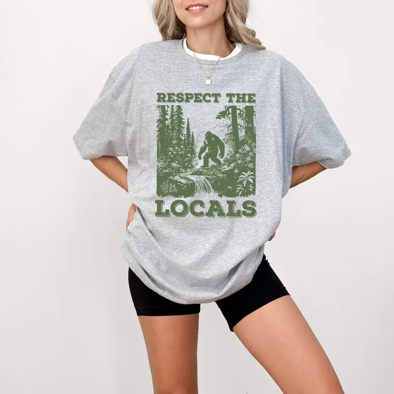 Respects The Locals Big Foot Sasquatch Yeti Walking In The Forest Vintage T-Shirt, Retro 90s Yeti T Shirt, Unisex Funny Graphic Shirt