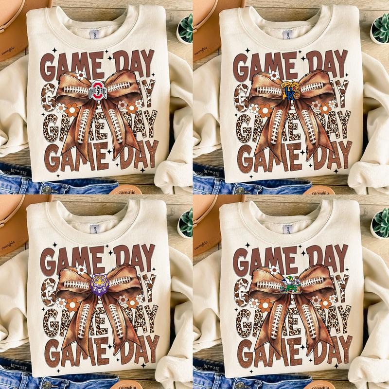 Retro All College Football Coquette Bow Game Day Bundle Sweatshirt, Fall Crewneck Off-white Unisex Hoodies & Sweaters Classic Menswear Embroidered Mascot Spandex Sport