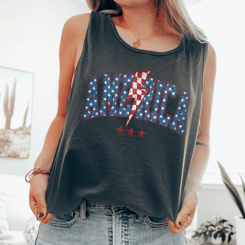 Retro America Varsity Bolt, Fourth of July, America, Patriotic, USA Comfort Colors Tank Top, Women's Comfort Colors Tank...
