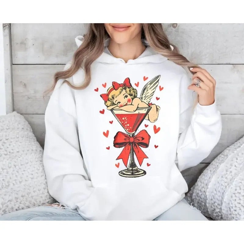 Retro Cupid Coquette Bow Shirt, Retro Valentine Shirt, Valentine's Day Sweatshirt, Valentines Bow Martini Hoodie, Unisex...