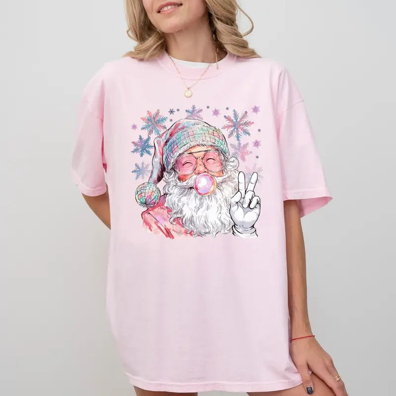Retro Disco Santa Blowing Bubble Shirt Comfort Colors, Cute Christmas Santa T-shirt, Santa Claus Tee, Christmas Season...