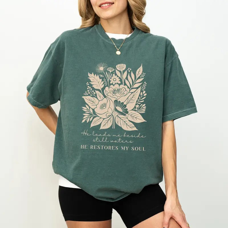 Retro Floral Bible Verse Comfort Colors Shirt, He Leads Me Beside Still Waters He Restores My T-shirt, Christian Shirt,...