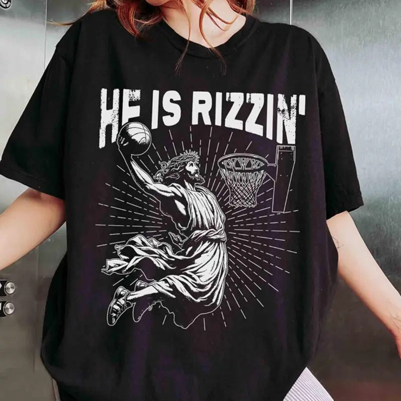 Retro He Is Rizzin' Shirt, Funny Jesus Shirt, Humor Easter Shirt, Christian Easter Shirt, Easter Gift, Jesus Playing Basketball