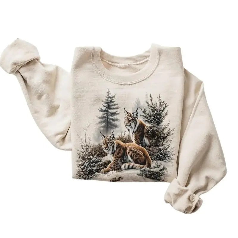 Retro Lynx Winter Forest Scene Sweatshirt - Nineties 90s Vintage Lynxes In The Snow Outfit - Boho Unisex Cotton Menswear