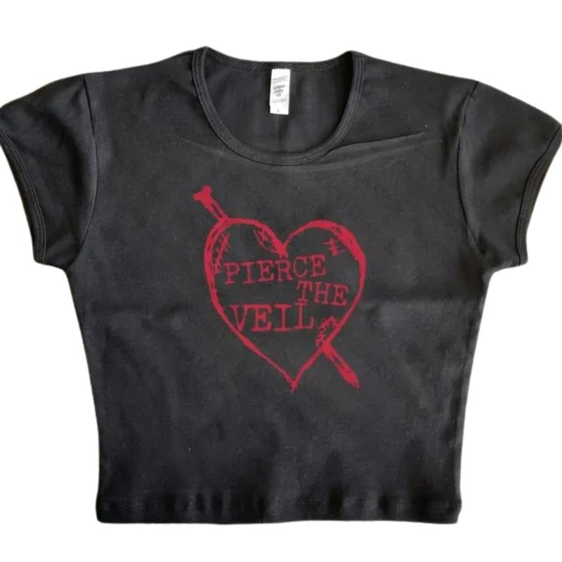 Retro Pierce The Veil Baby Tee, Y2k Top Women Streetwear, Gothic Emo Girl, Scene Clothing 2000s, Casual Cotton Short...