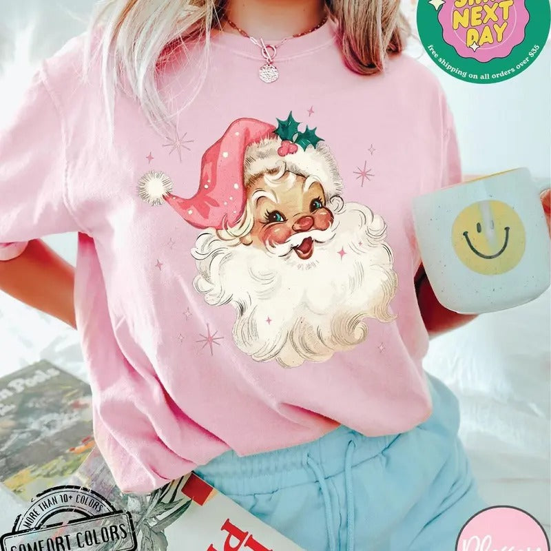 Retro Pink Santa Christmas Shirt, Women Pink Christmas Sweatshirt Matching, Vintage Santa Claus Sweater Hoodie