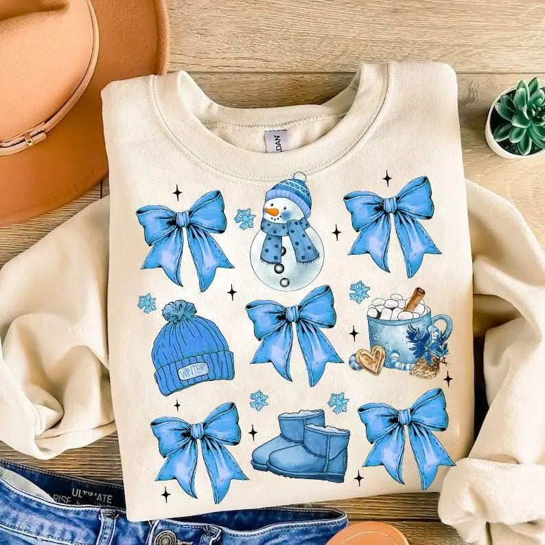 Retro Snowman Hot Cocoa shirt, Christmas Coquette Bow, Winter Shirt , Christmas Girly Sweatshirt, Cozy Winter