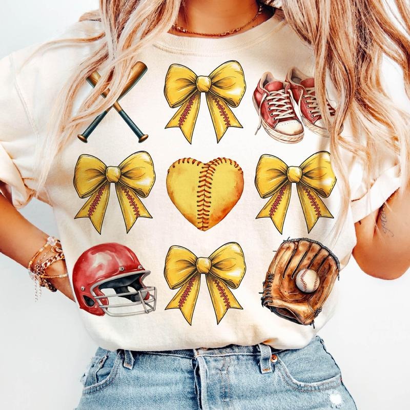 Retro Softball Bow T-Shirt, Coquette Bow Softball T-Shirt, Softball Mom T-Shirt, Softball Season T-Shirt, Coquette...