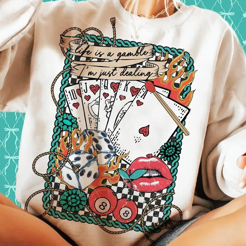 Retro Turquoise Western Country Sweater, Life is a Gamble Wild West Girls Shirt, Retro Cowgirl Western Tee, Country Girl...