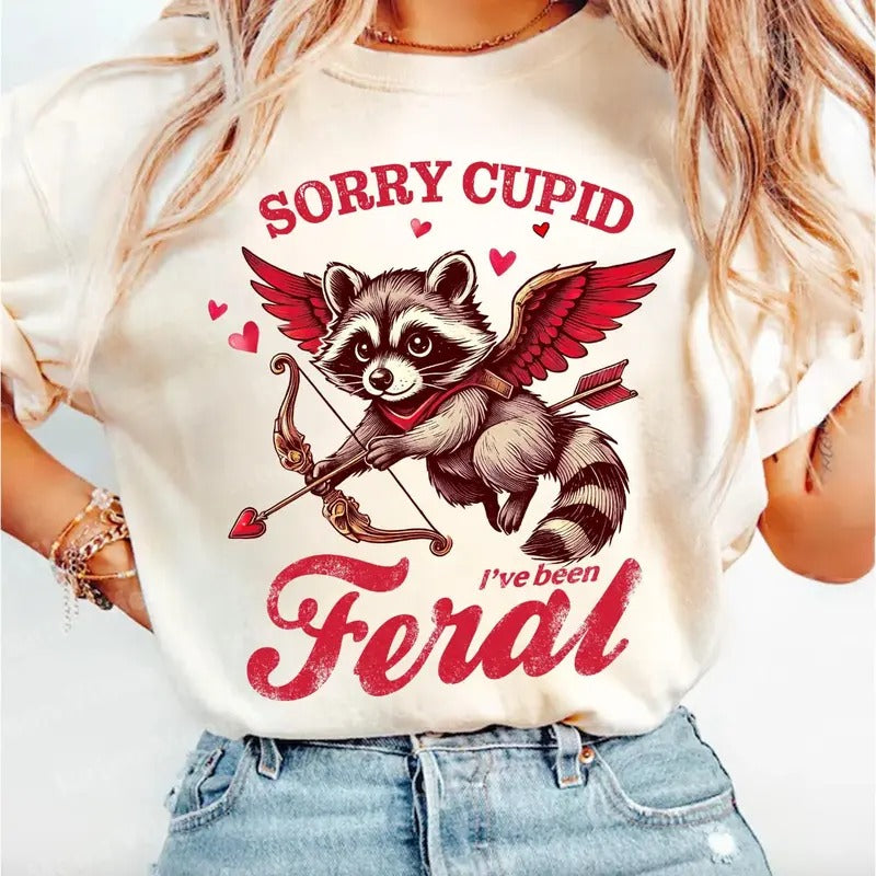 Retro Valentine Sorry Cupid I've Been Feral Shirt, Valentine Racoon Tee, Retro Funny Valentine Gift Hoodie, Sweatshirt